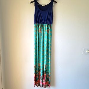 Eloges Maxi Dress Small Blue & Teal Boho Chic Empire Waist Floor Length Flowy S